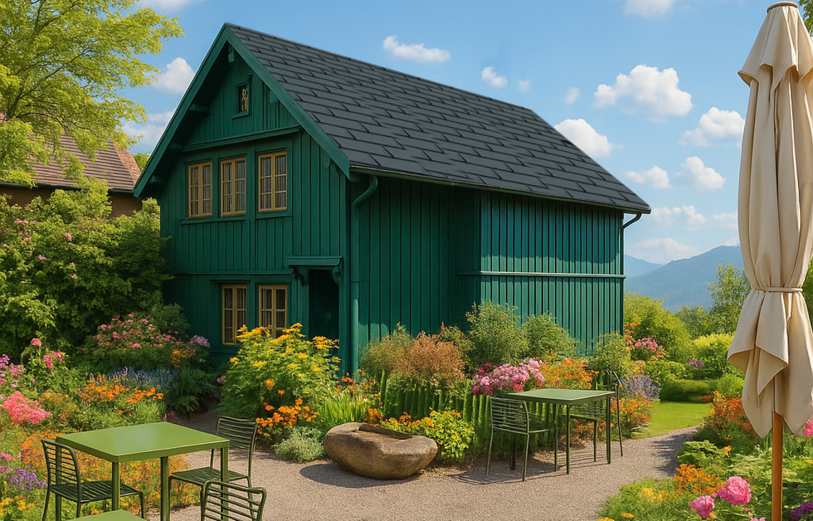 Ferienhaus im Kleinwalsertal mit Terrasse, Bergpanorama und grünen Fassaden des Oswalda Hus.