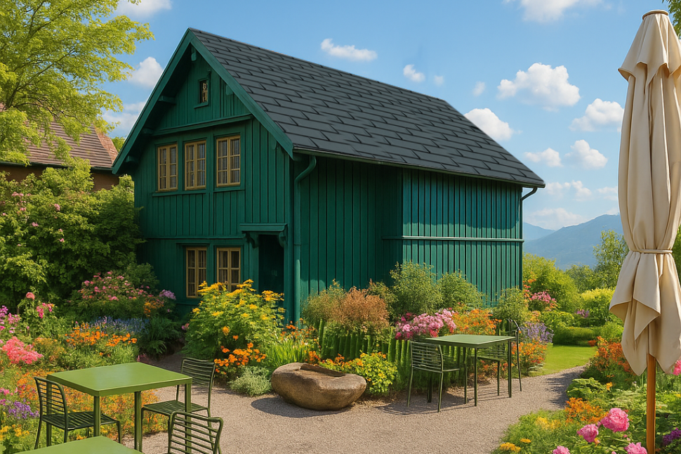 Ferienhaus im Kleinwalsertal mit Terrasse, Bergpanorama und grünen Fassaden des Oswalda Hus.